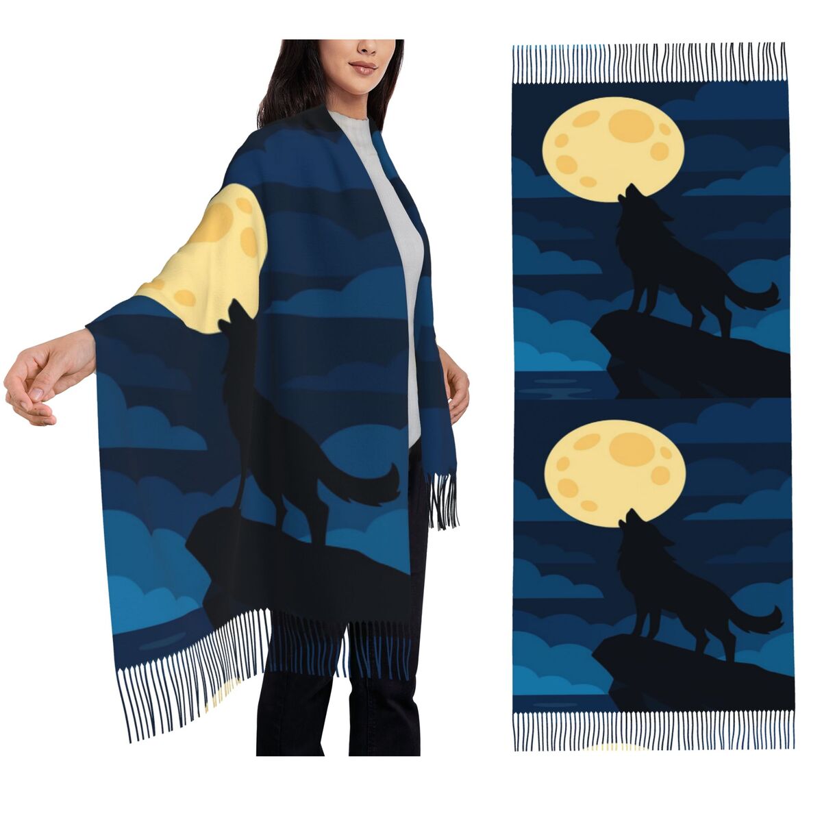 Women Fashion Vector - Howling Wolf Beneath Full Moon Flat